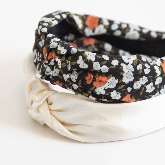 Isla Black Floral and White Satin Headbands Set - Picture 1 of 3